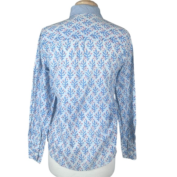 J. Crew Popover Blouse Coral Block Print Womens 6 Lightweight Spring Indian Blue - Picture 4 of 11